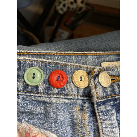 OOAK SAVED JEANS REFASHIONED UPCYCLED PATCHED DISTRESSED WASHED AND FRINGED 16A - Picture 3 of 16